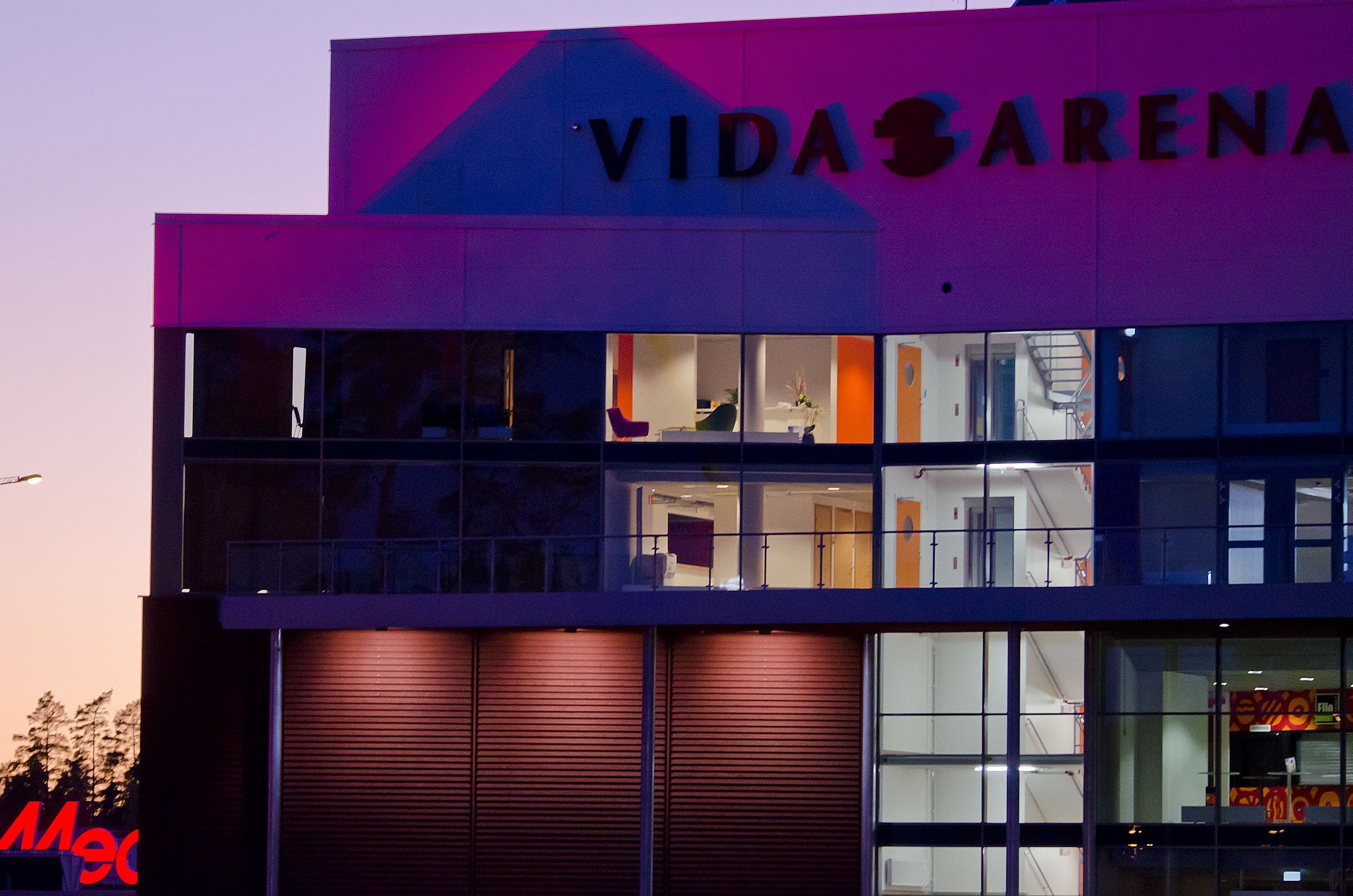 Vida Arena at dusk in Arenastaden, Växjö